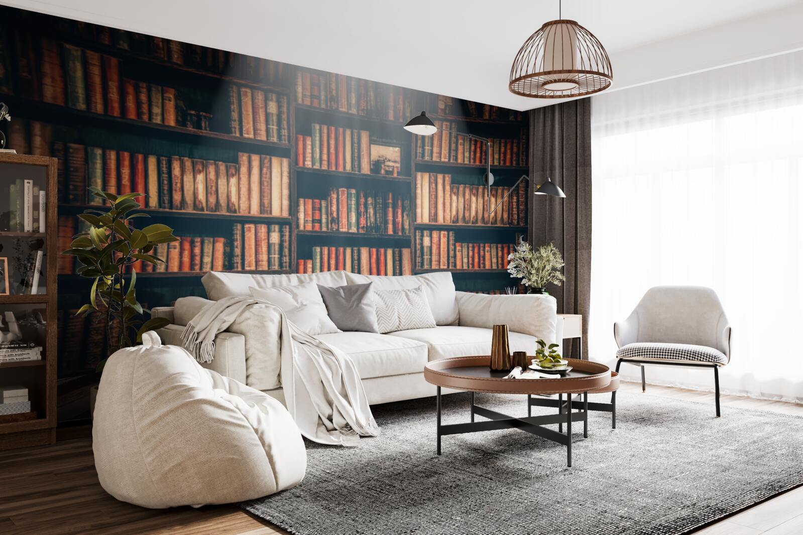 Fotobehang een zonnestraal die de boeken binnendringt