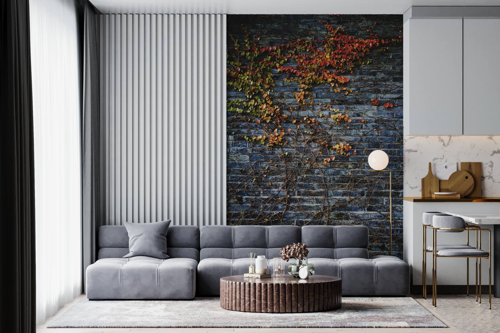 Fotobehang klimop die van een bakstenen muur afdaalt