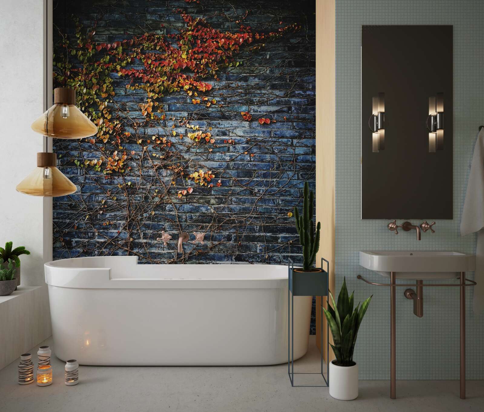 Fotobehang klimop die van een bakstenen muur afdaalt