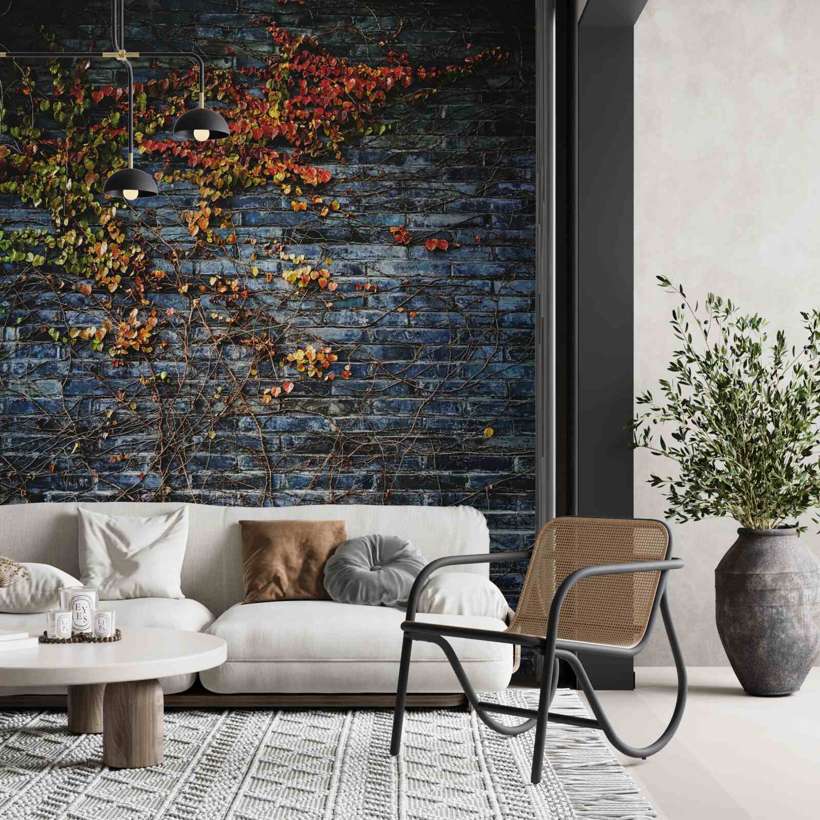 Fotobehang klimop die van een bakstenen muur afdaalt