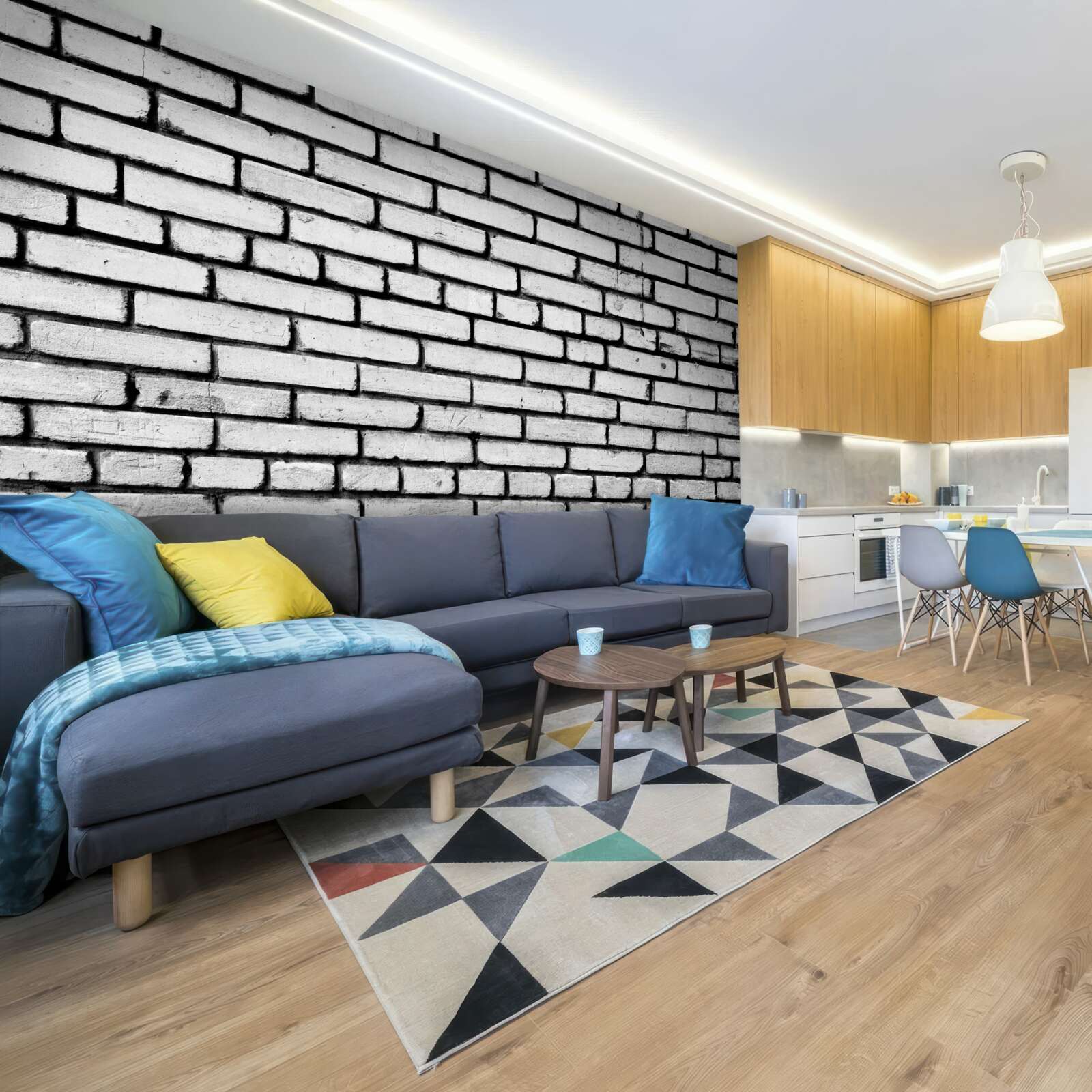 Fotobehang Muur versierd met witte bakstenen