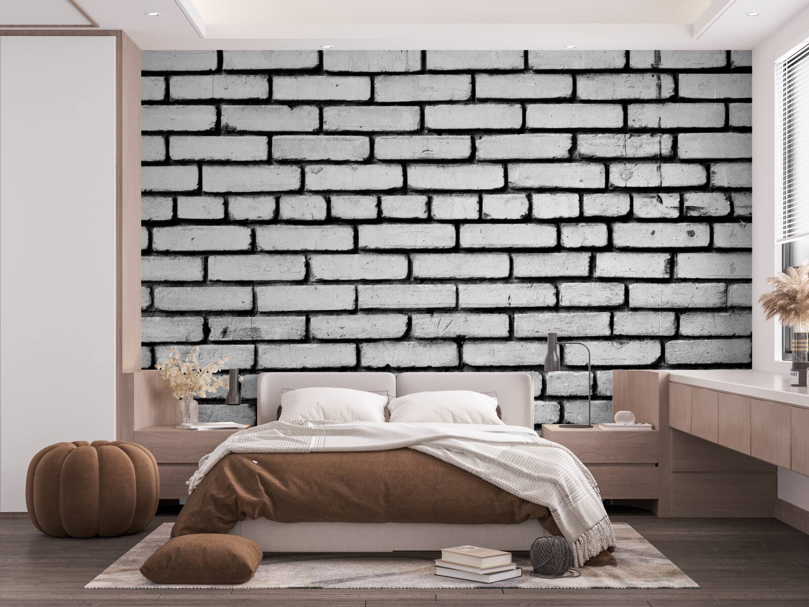 Fotobehang Muur versierd met witte bakstenen