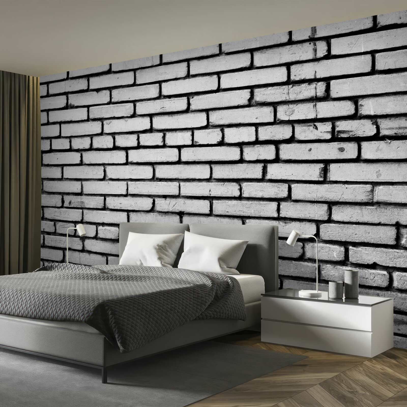 Fotobehang Muur versierd met witte bakstenen