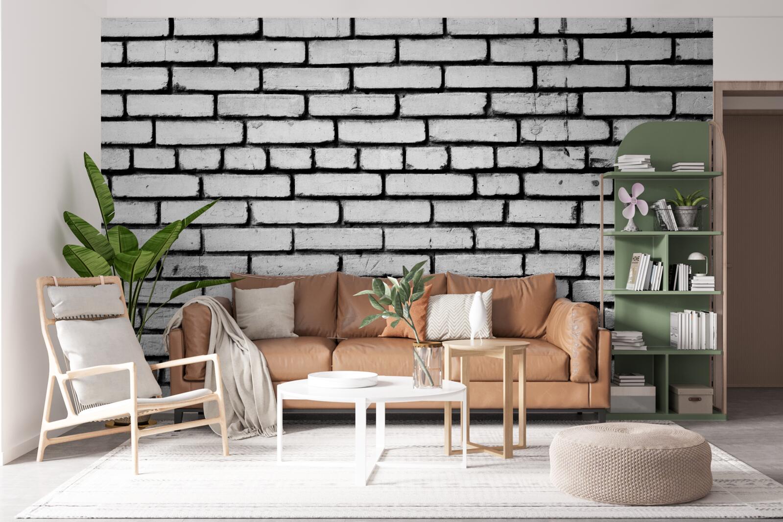 Fotobehang Muur versierd met witte bakstenen