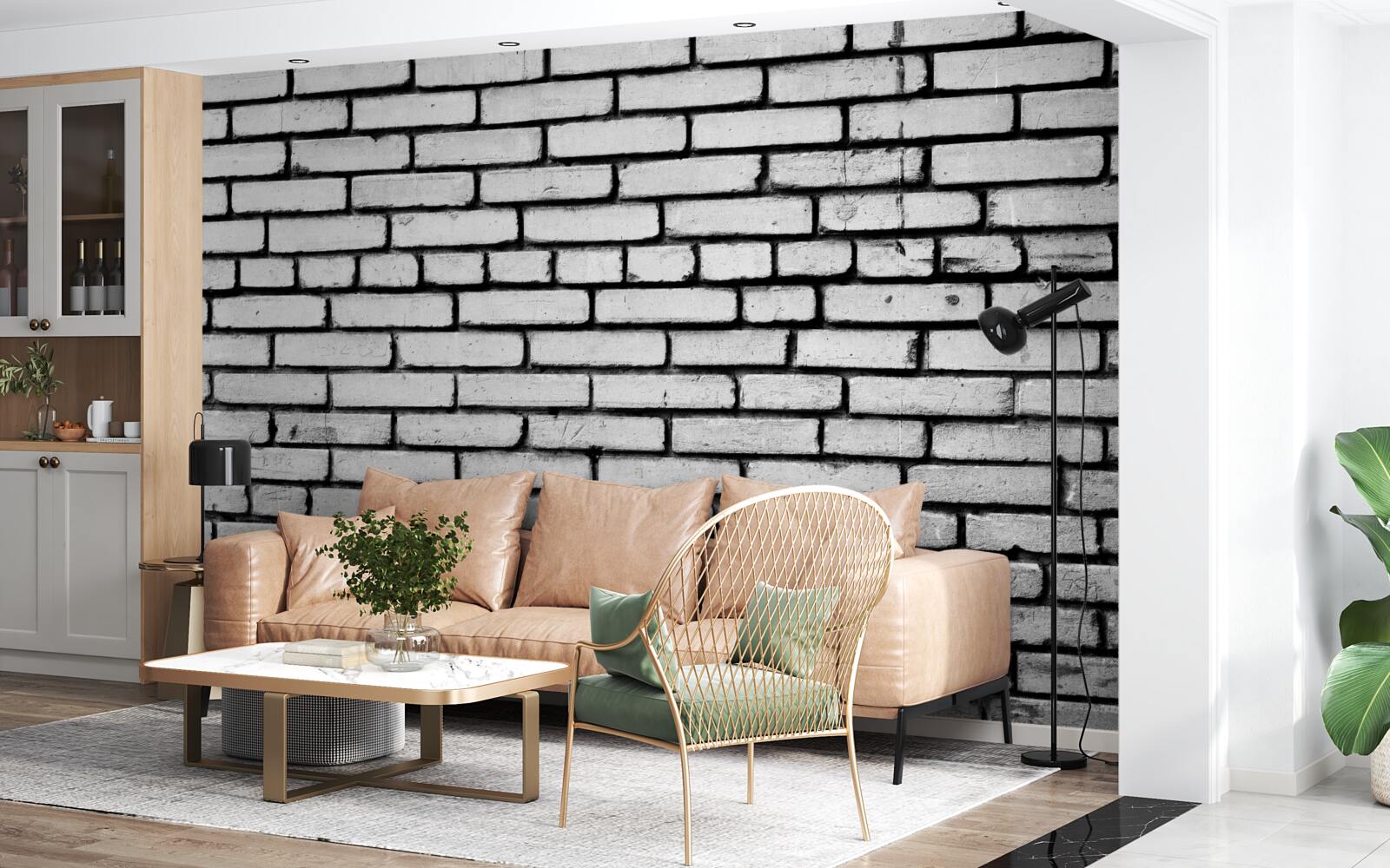 Fotobehang Muur versierd met witte bakstenen