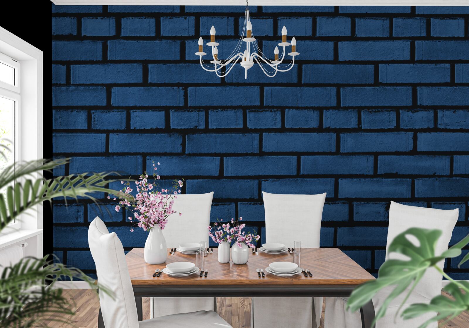 Fotobehang De muur is gemaakt van donkerblauwe bakstenen