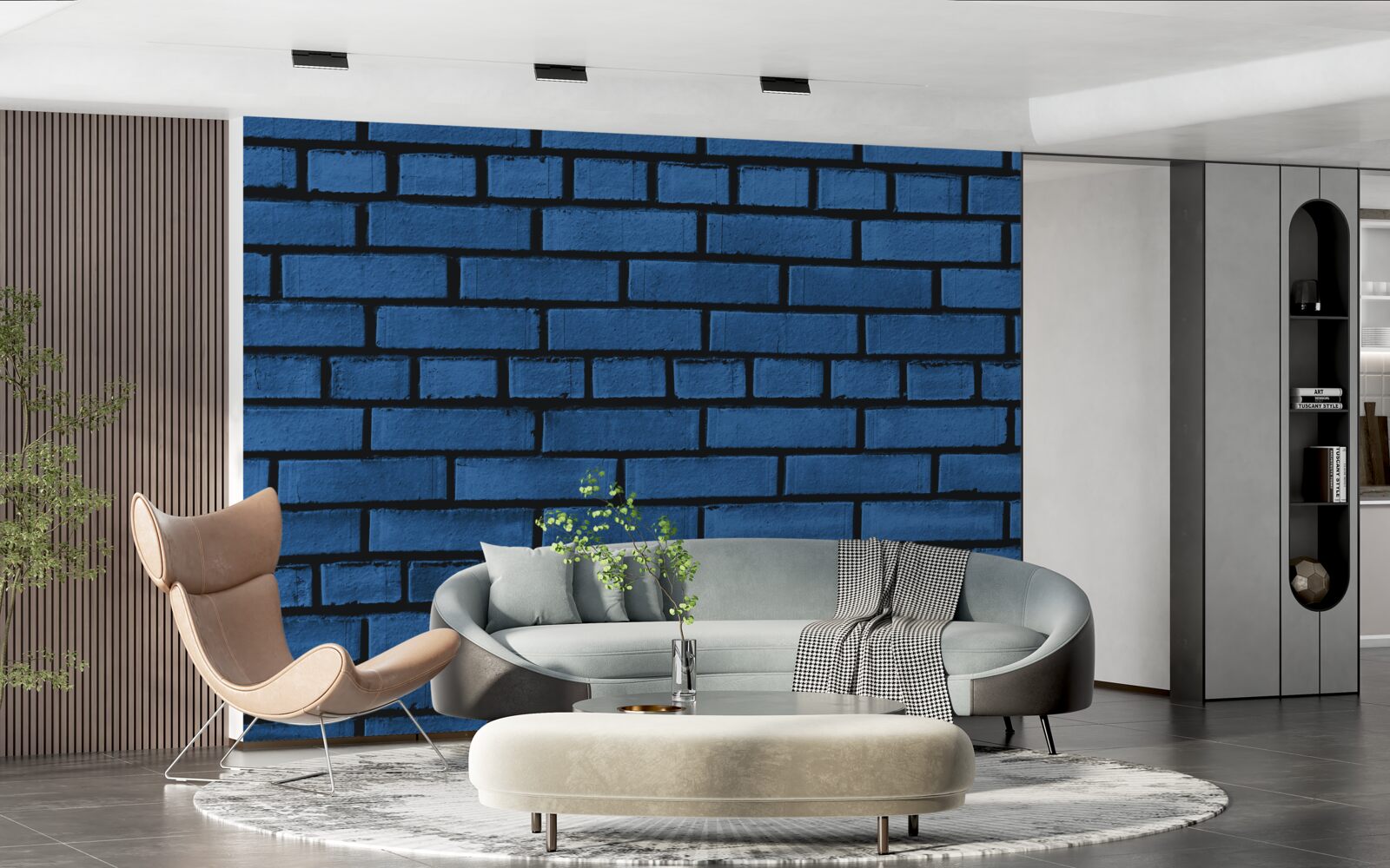 Fotobehang De muur is gemaakt van donkerblauwe bakstenen