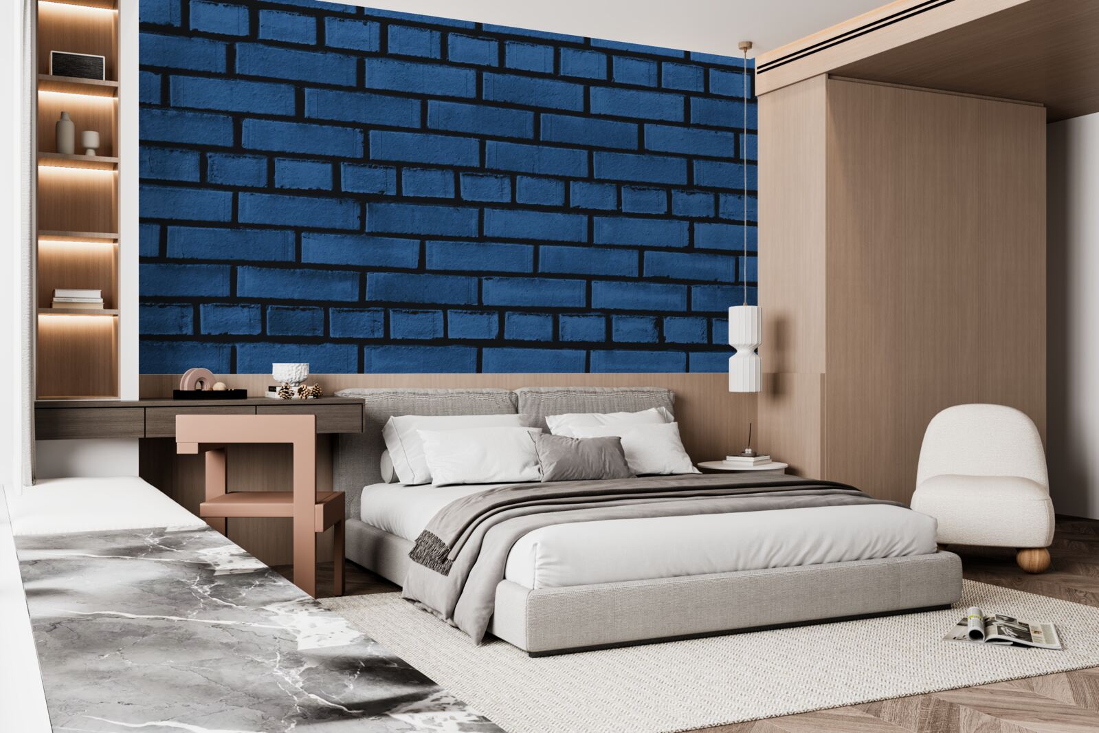 Fotobehang De muur is gemaakt van donkerblauwe bakstenen