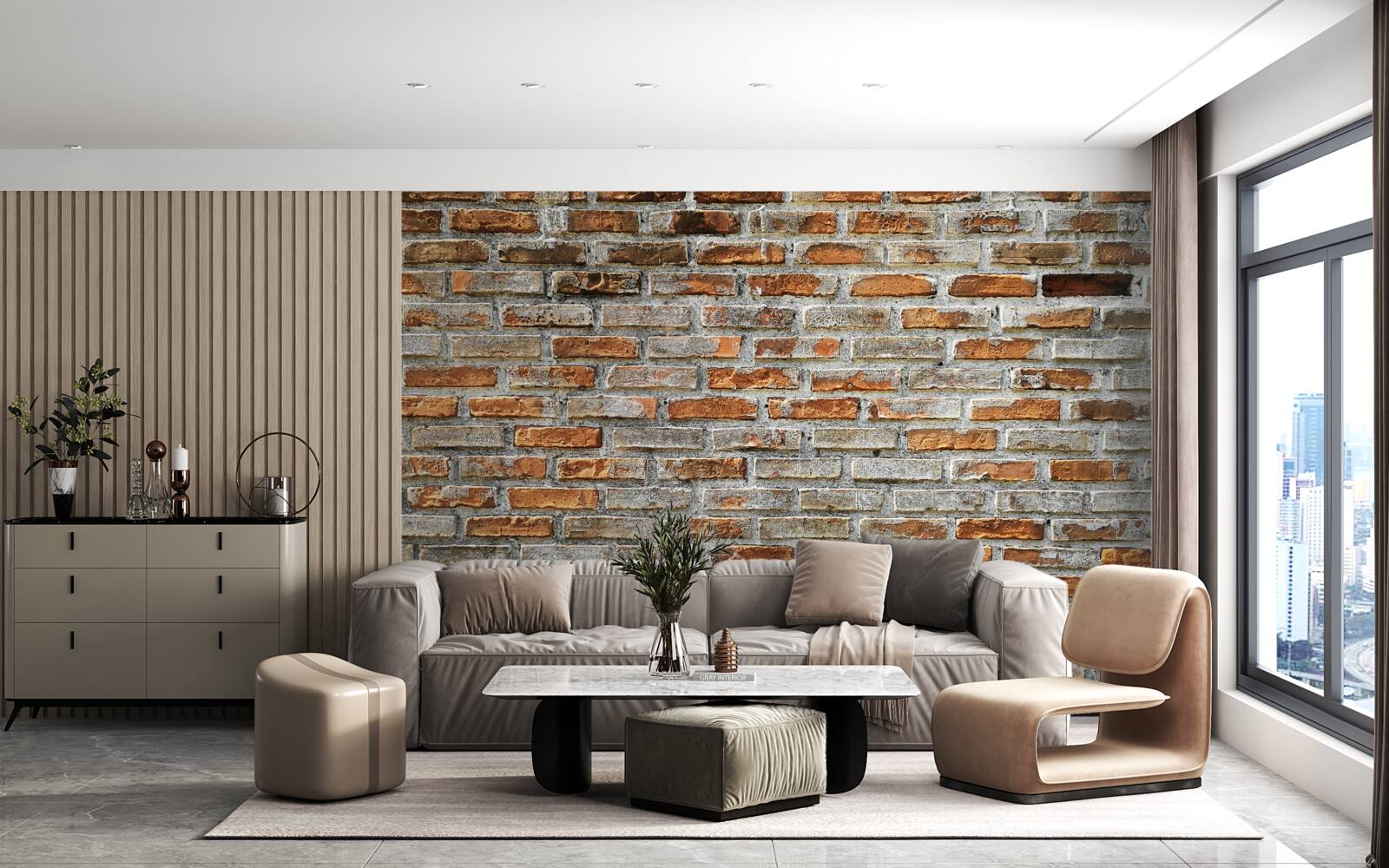 Fotobehang Bakstenen muur in verschillende tinten