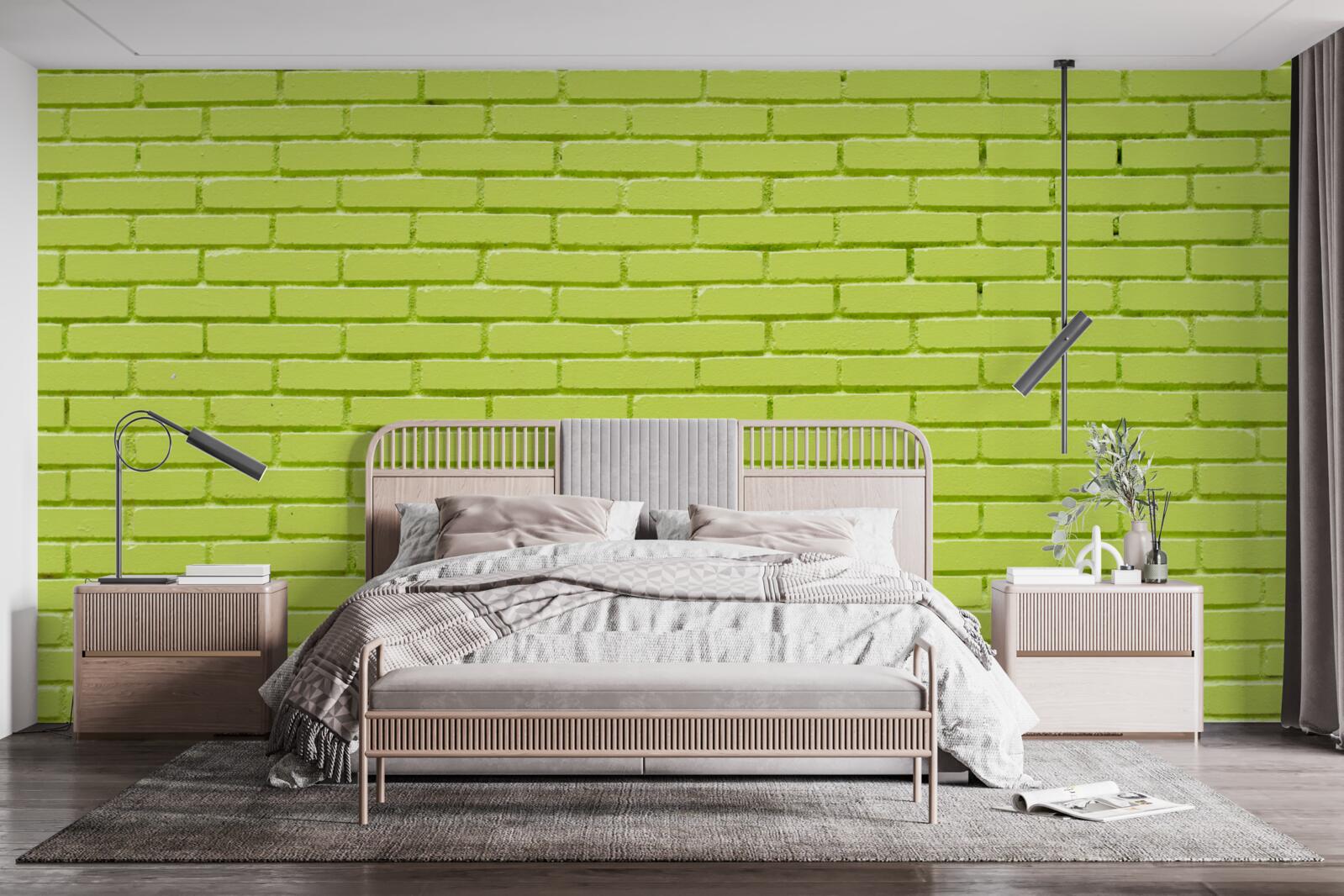 Fotobehang Bakstenen muur in lichtgroene tint