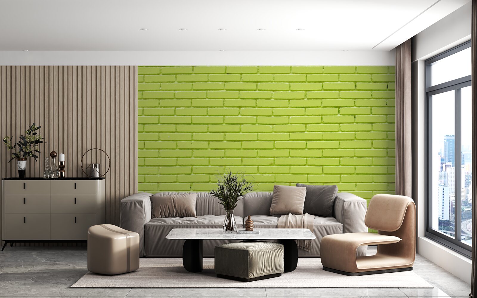 Fotobehang Bakstenen muur in lichtgroene tint