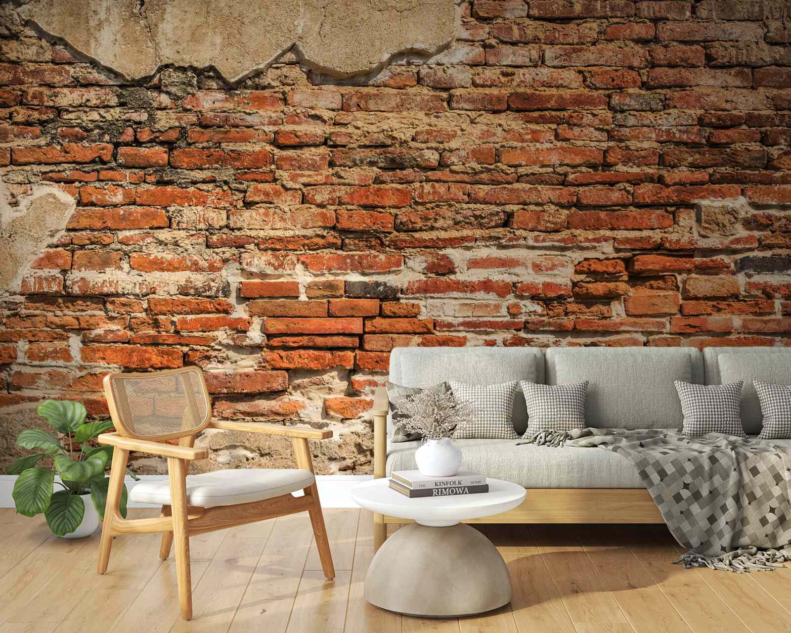 Fotobehang een bakstenen muur die erg vervallen is