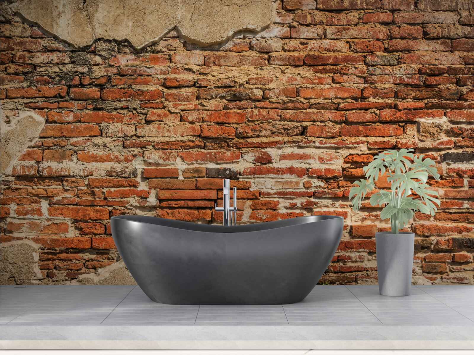 Fotobehang een bakstenen muur die erg vervallen is