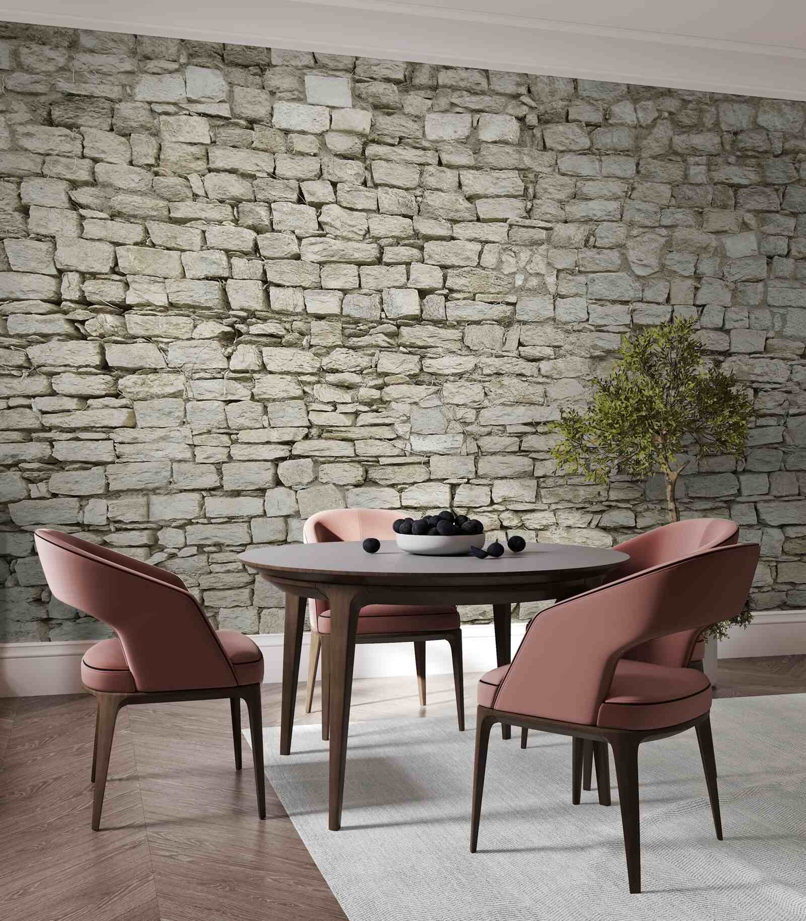 Fotobehang verspreide stenen muur leggen