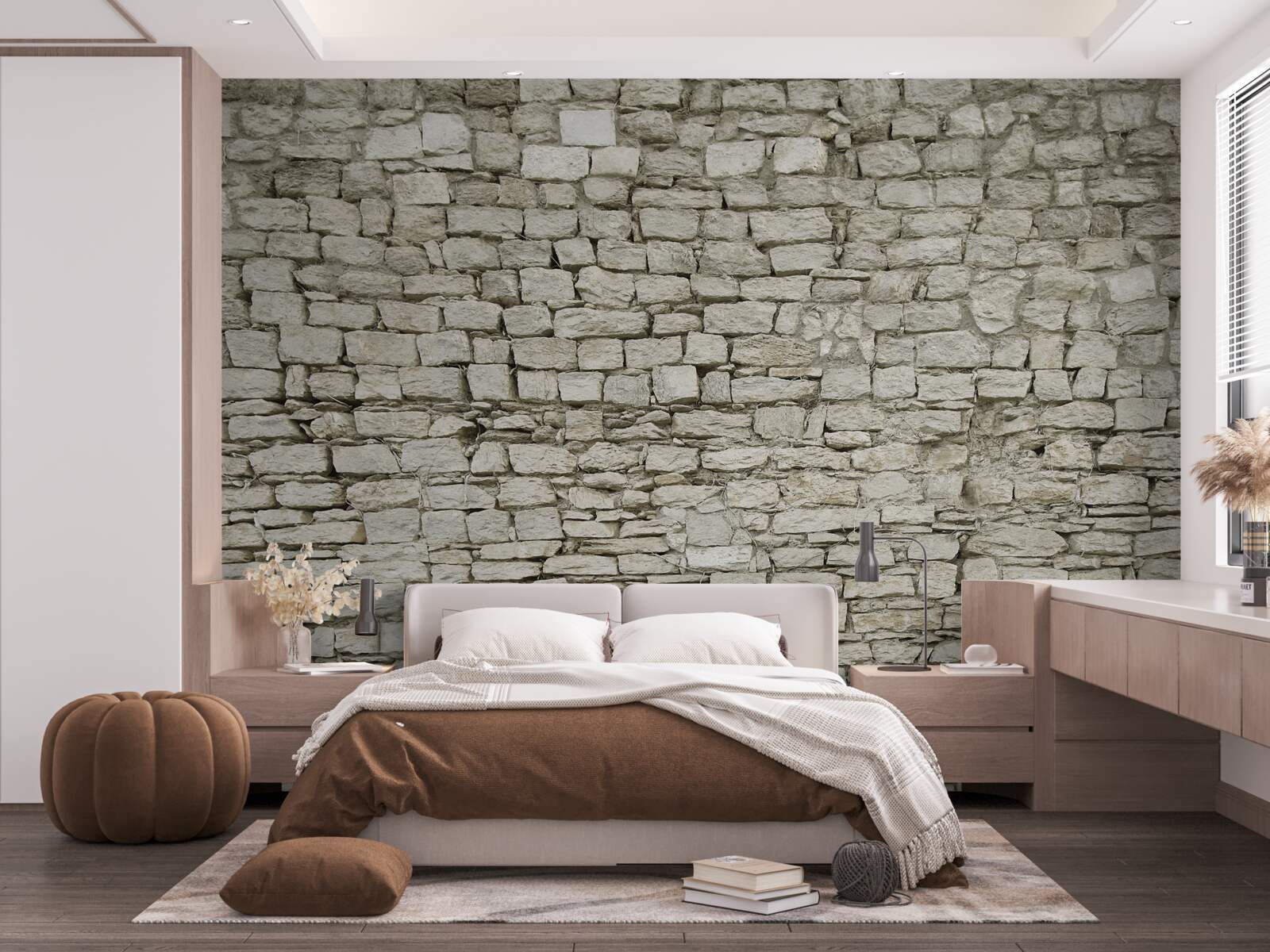 Fotobehang verspreide stenen muur leggen