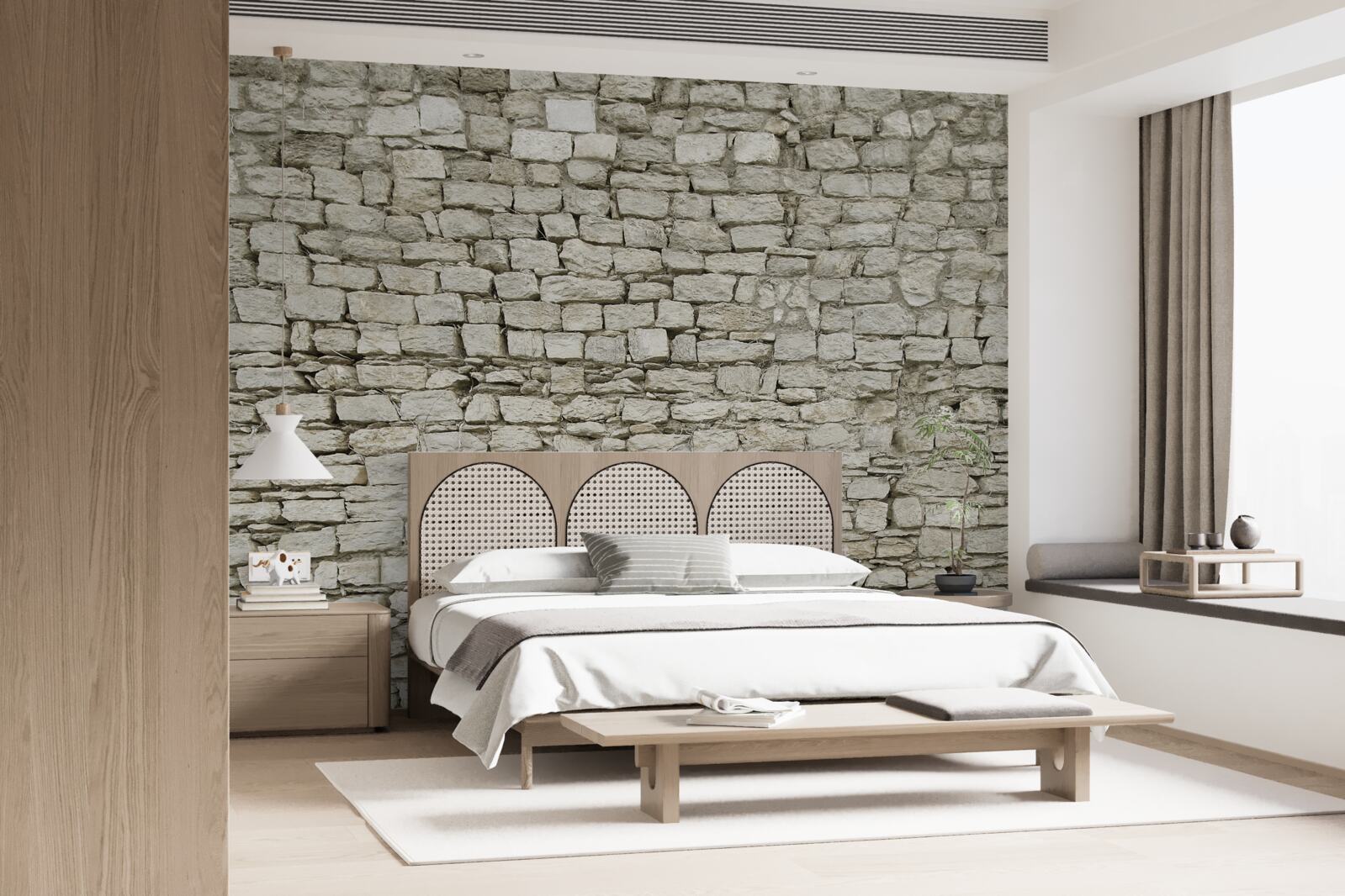 Fotobehang verspreide stenen muur leggen