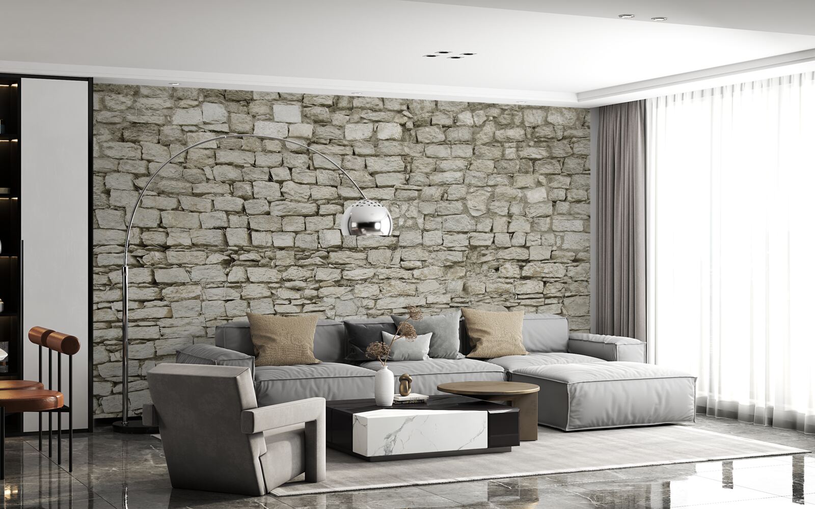 Fotobehang verspreide stenen muur leggen