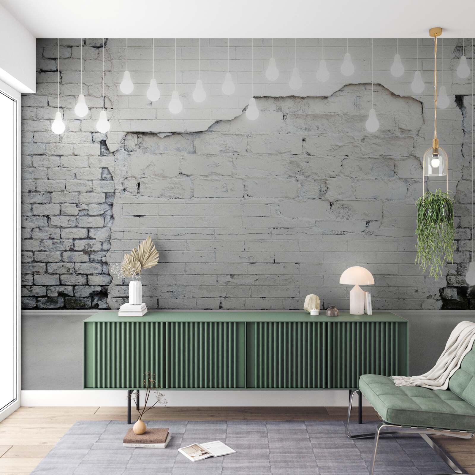 Fotobehang witte bakstenen muur en gloeilampen erop