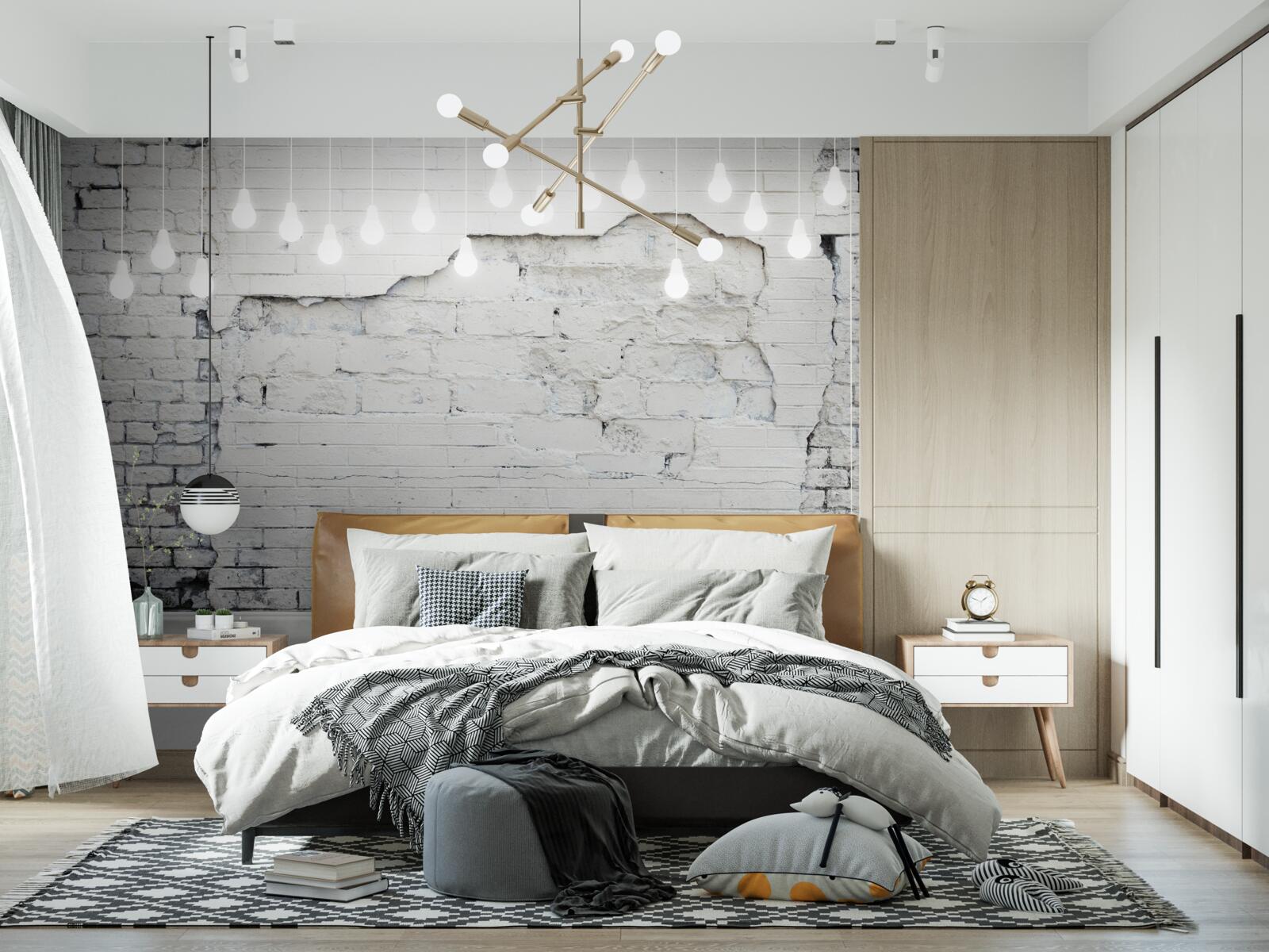 Fotobehang witte bakstenen muur en gloeilampen erop