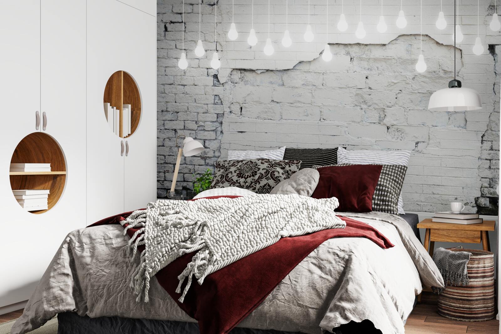 Fotobehang witte bakstenen muur en gloeilampen erop