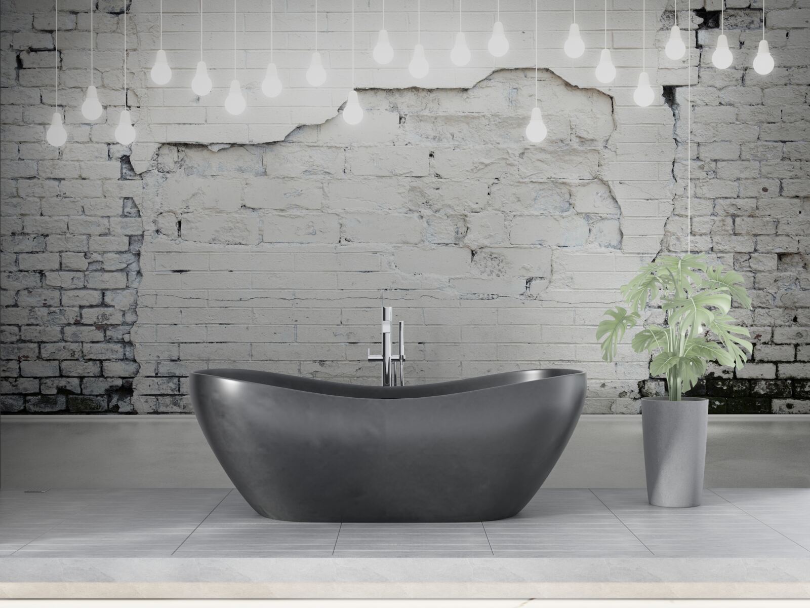 Fotobehang witte bakstenen muur en gloeilampen erop