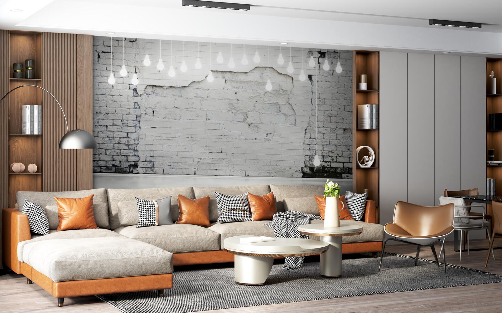 Fotobehang witte bakstenen muur en gloeilampen erop