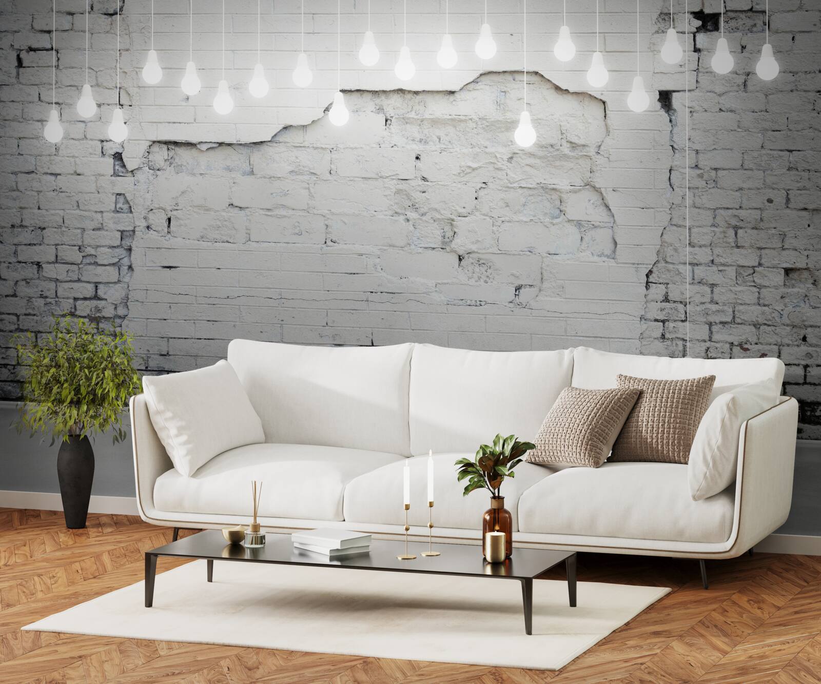 Fotobehang witte bakstenen muur en gloeilampen erop