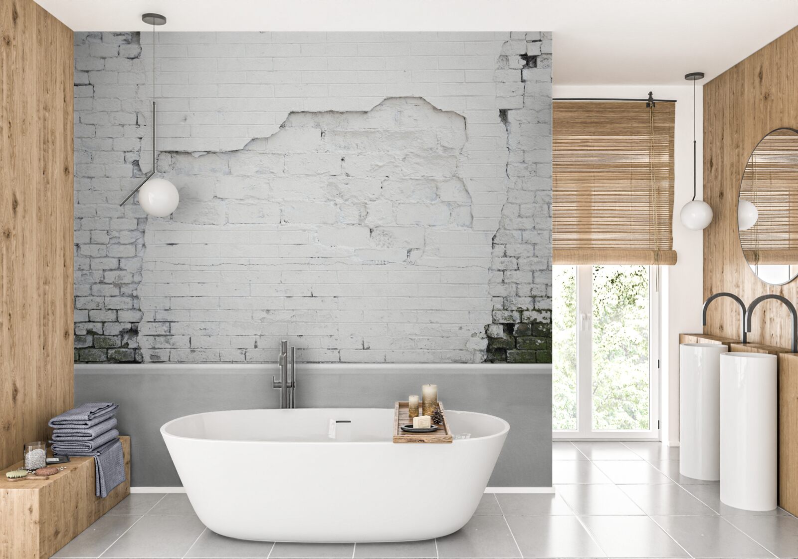 Fotobehang baksteenmetselwerk blootgesteld aan de effecten van de tijd