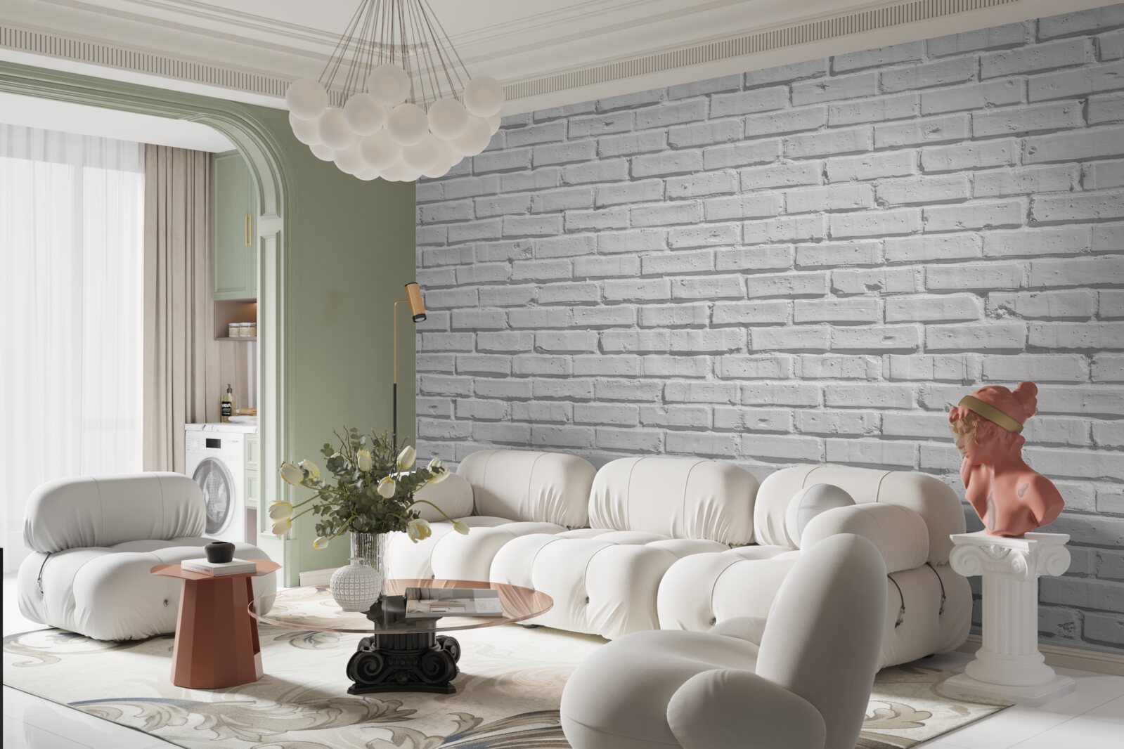 Fotobehang De bakstenen muur is wit geschilderd