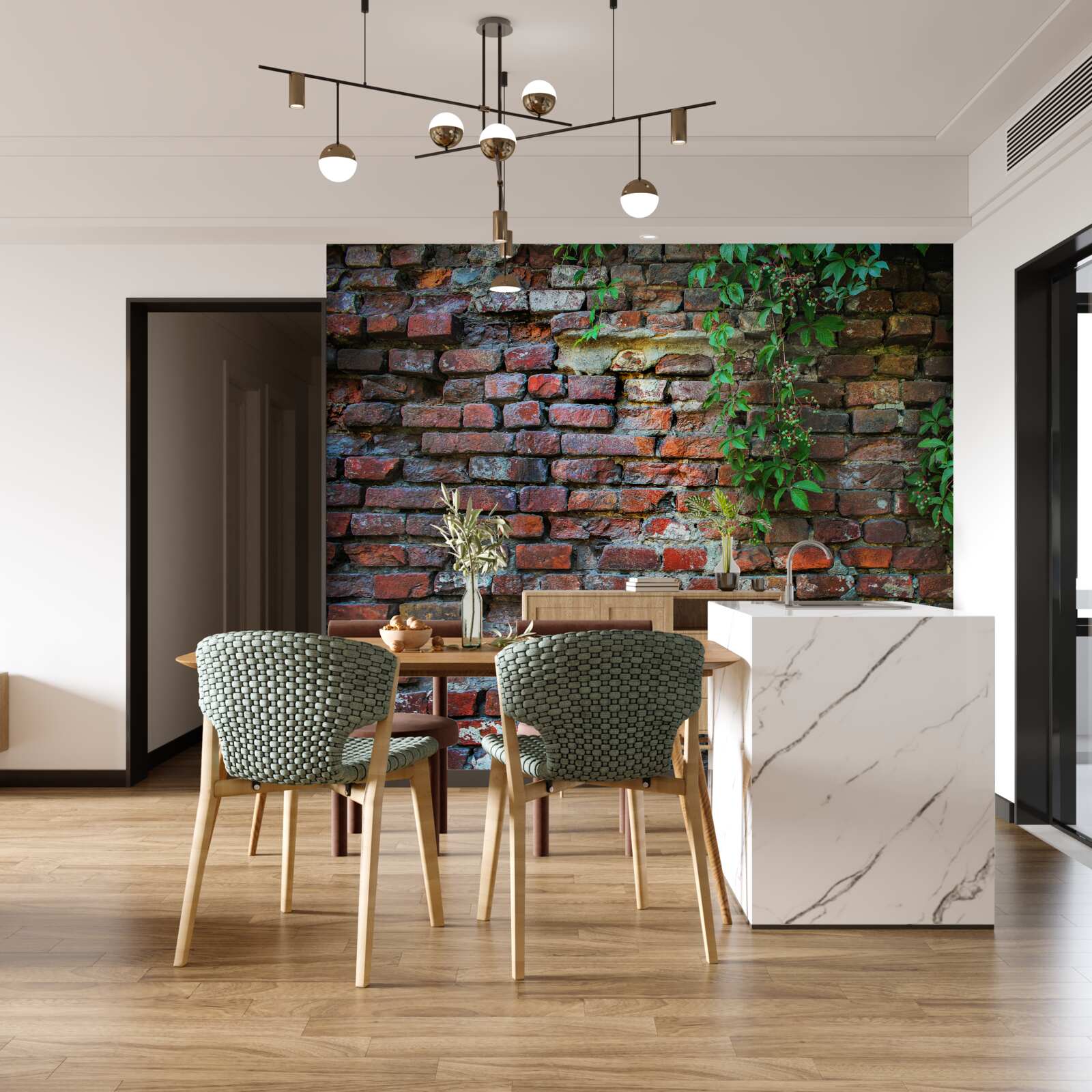 Fotobehang de oude bakstenen muur is versierd met groen