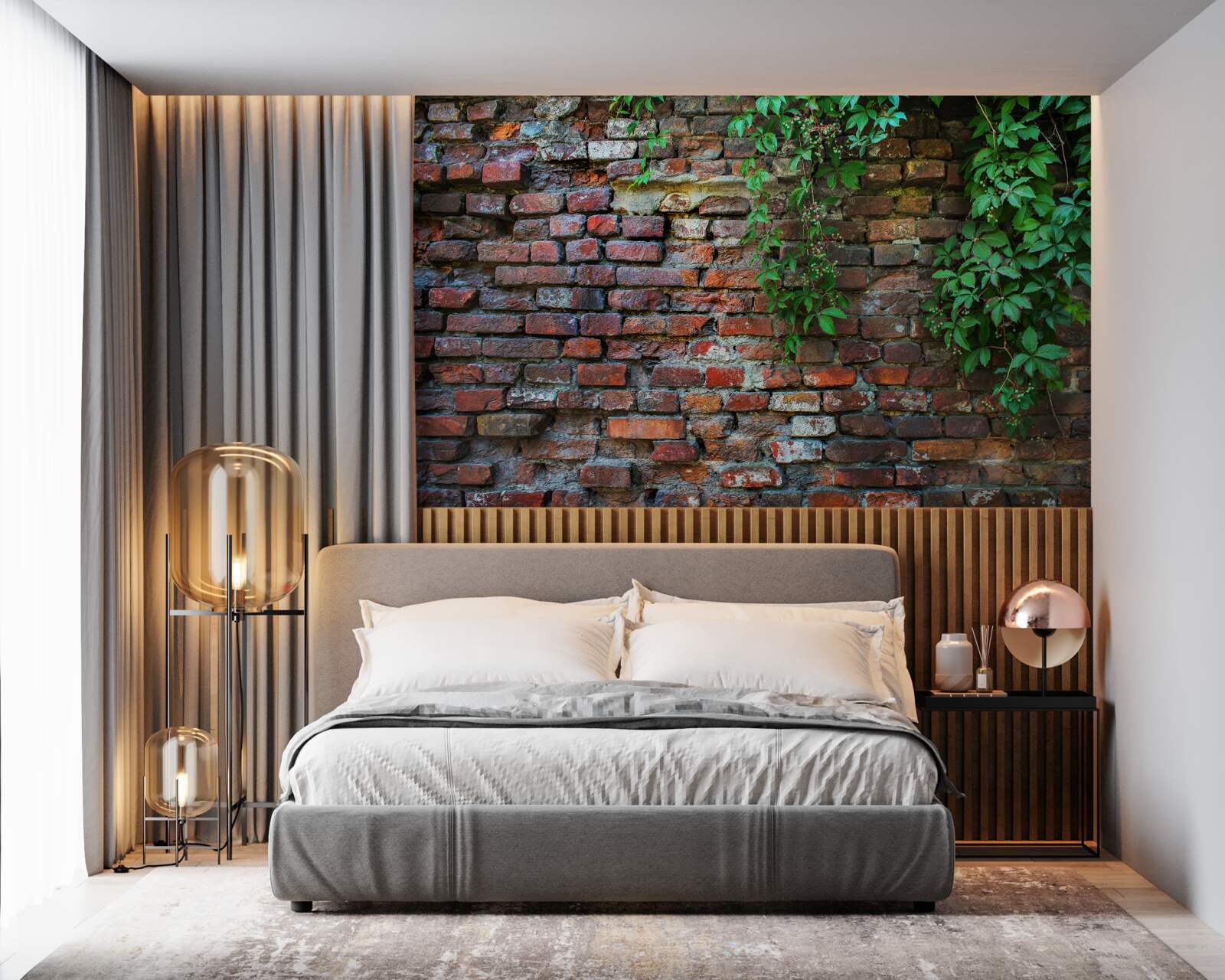 Fotobehang de oude bakstenen muur is versierd met groen