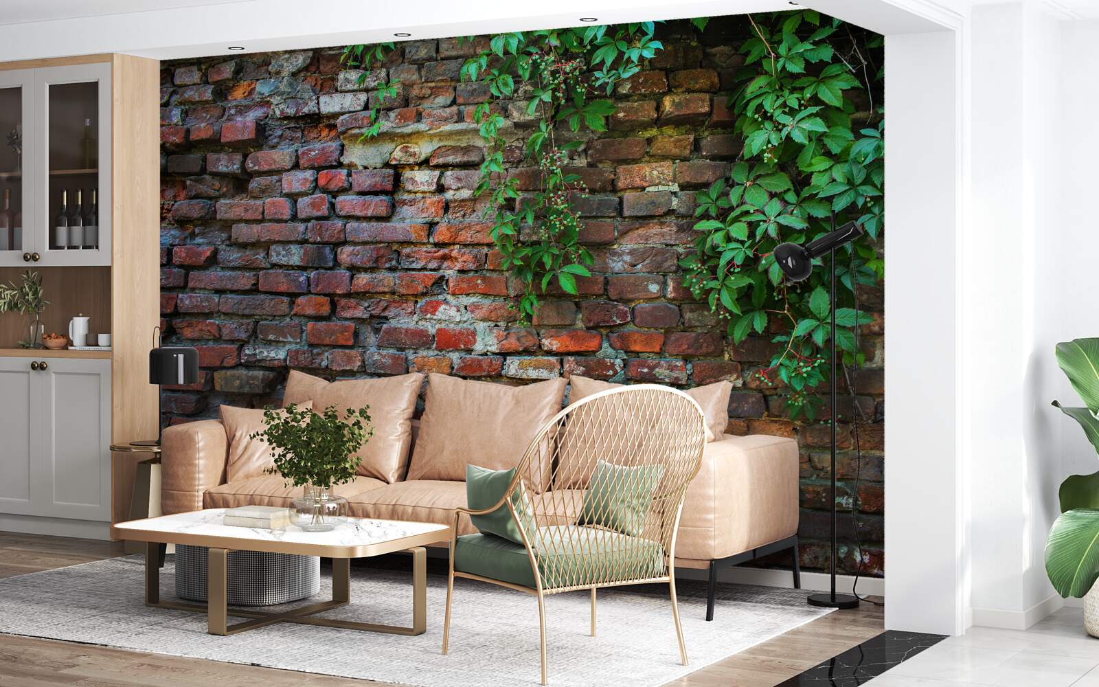 Fotobehang de oude bakstenen muur is versierd met groen