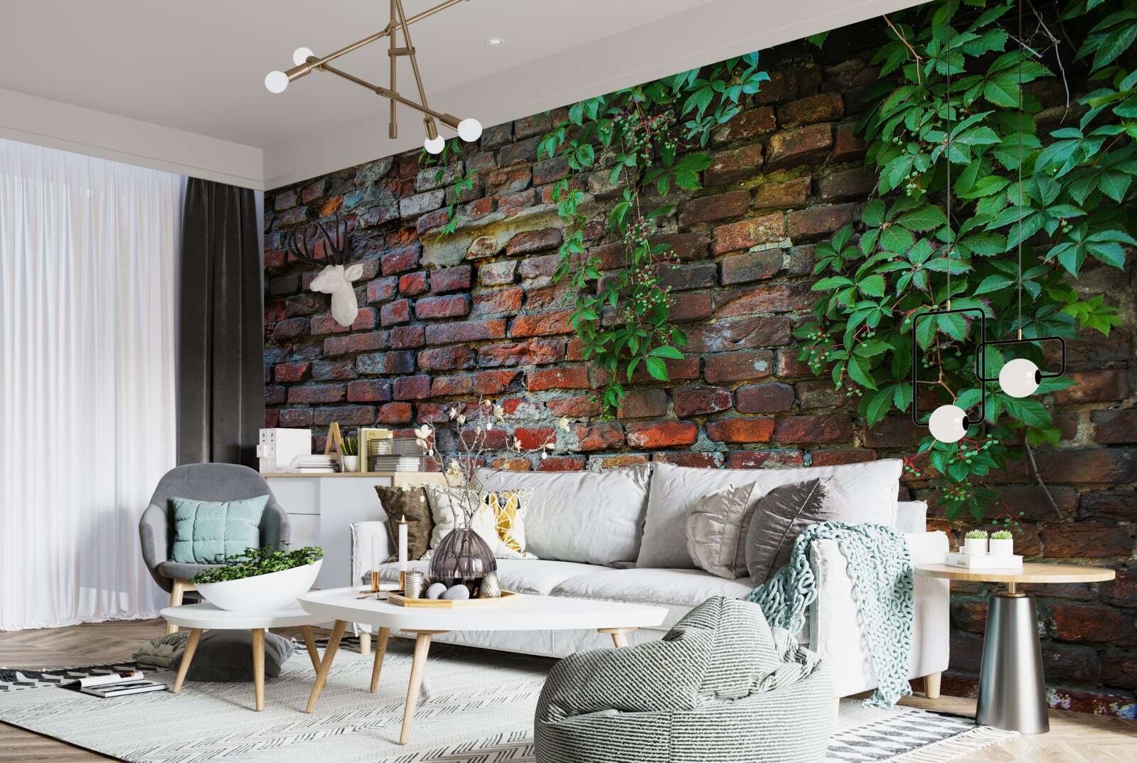 Fotobehang de oude bakstenen muur is versierd met groen