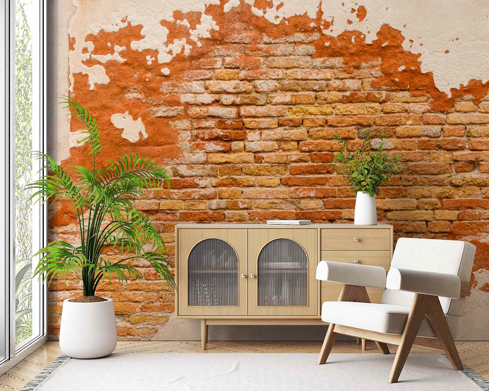 Fotobehang een bakstenen muur die in de loop der tijd is verslechterd