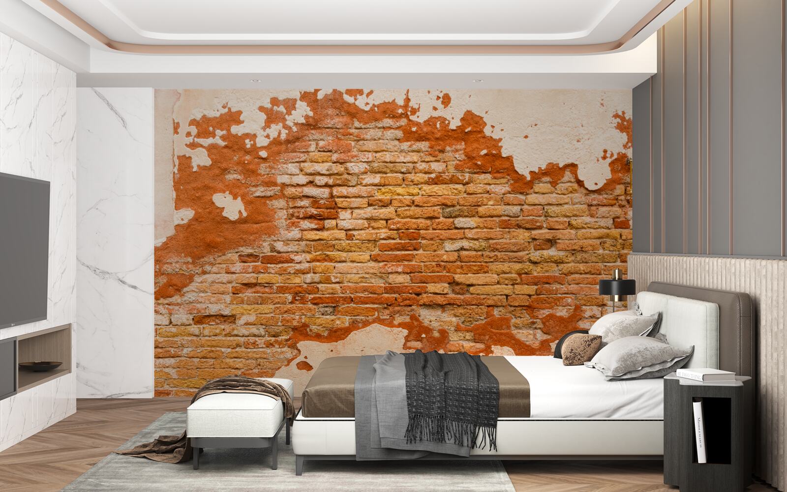 Fotobehang een bakstenen muur die in de loop der tijd is verslechterd