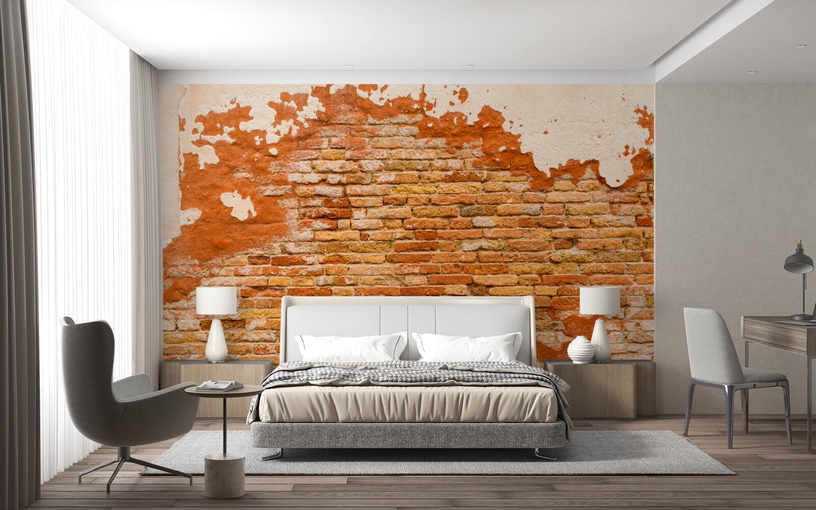 Fotobehang een bakstenen muur die in de loop der tijd is verslechterd