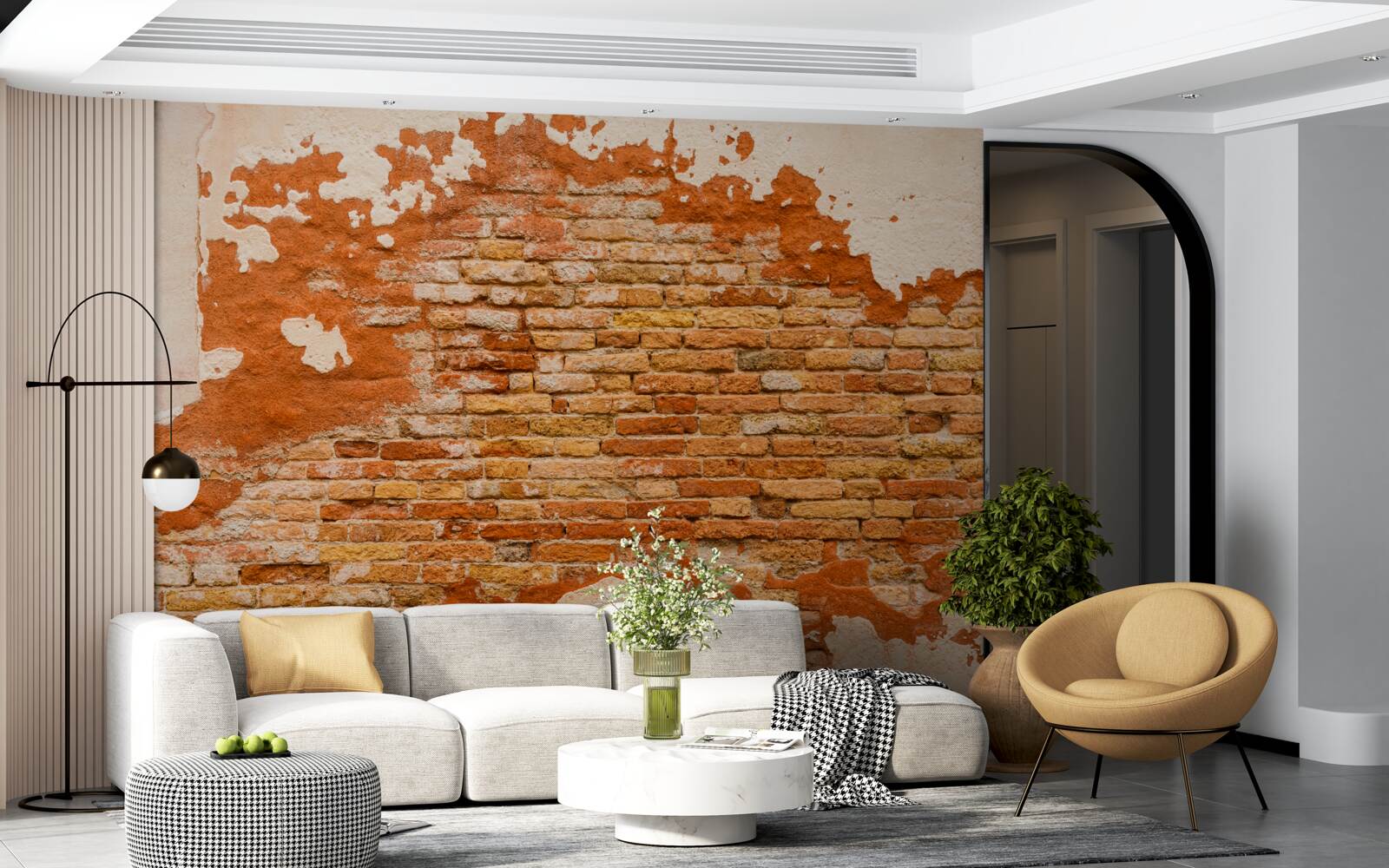 Fotobehang een bakstenen muur die in de loop der tijd is verslechterd