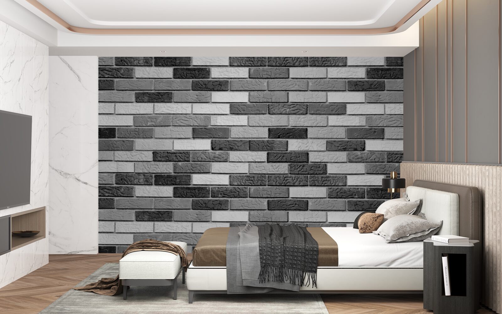 Fotobehang Zwart-witte bakstenen muur