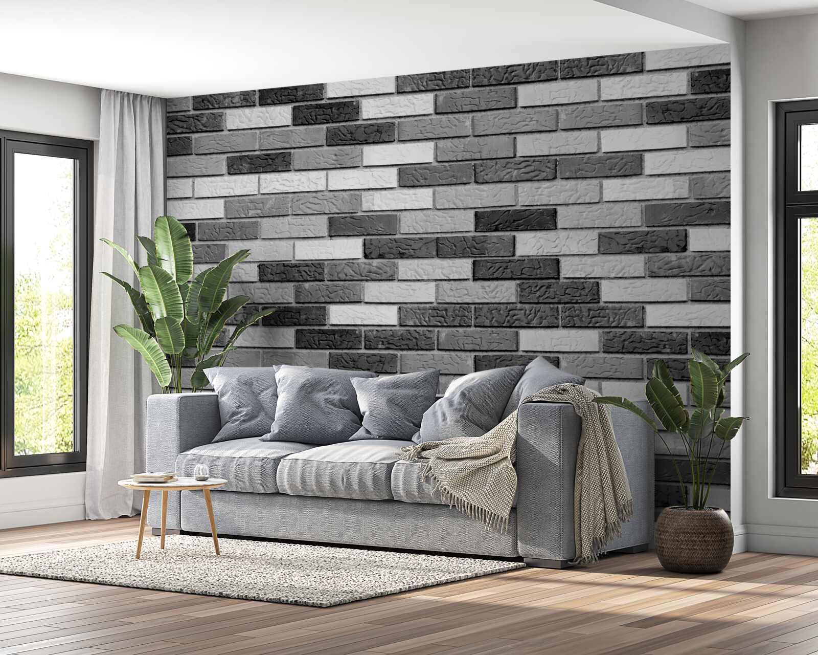 Fotobehang Zwart-witte bakstenen muur