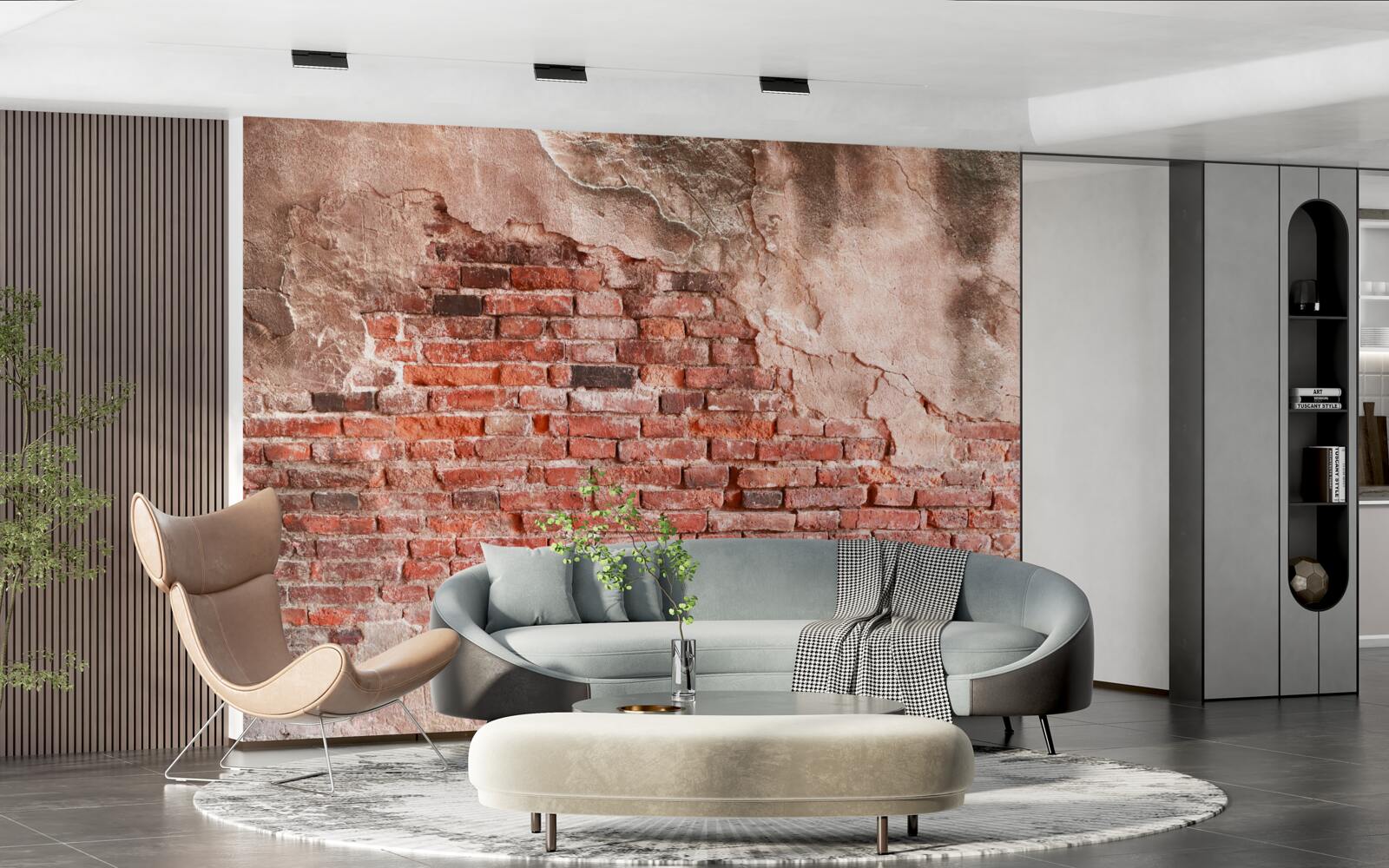 Fotobehang Muur bedekt met afbrokkelende bakstenen