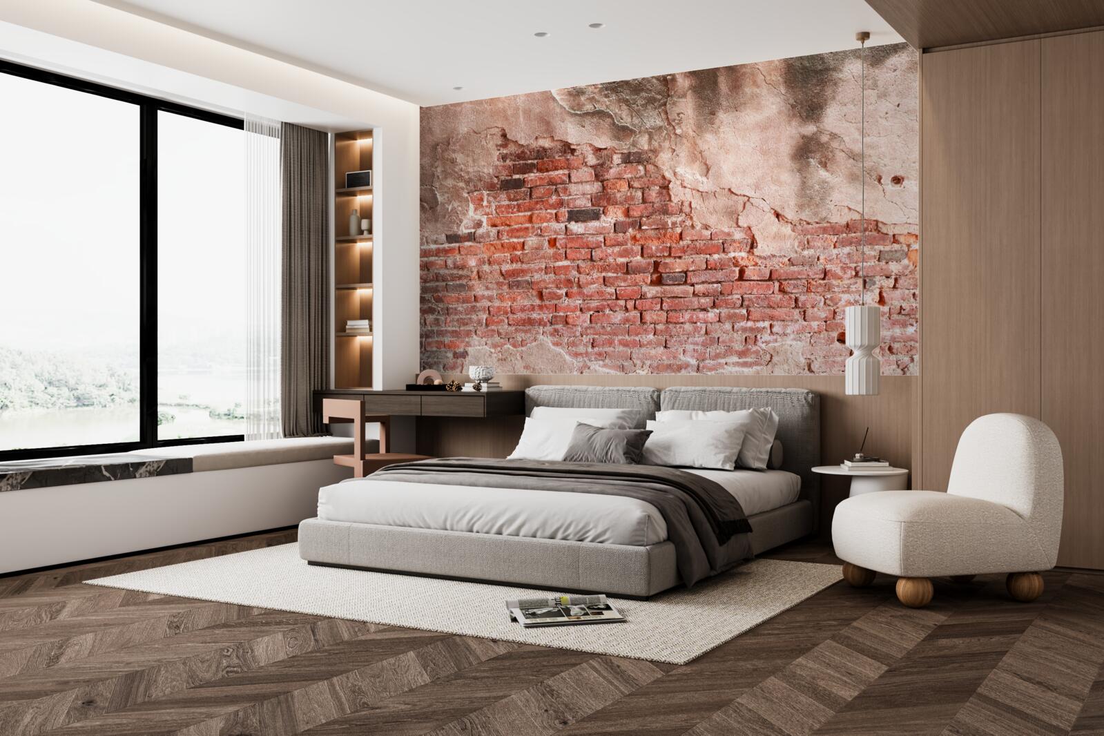 Fotobehang Muur bedekt met afbrokkelende bakstenen