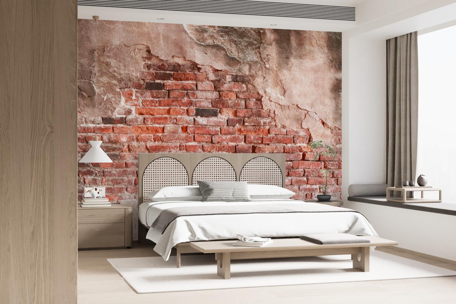 Fotobehang Muur bedekt met afbrokkelende bakstenen