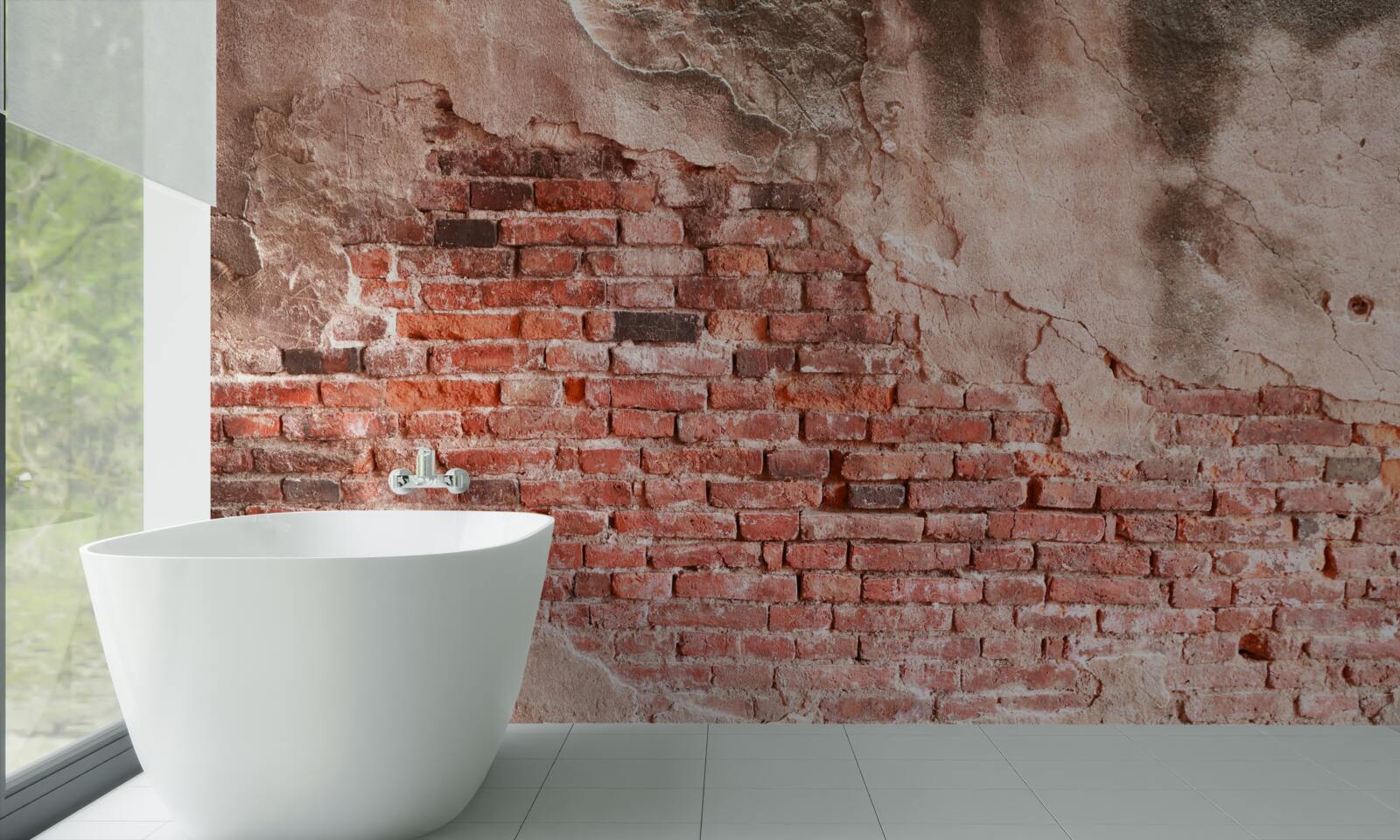 Fotobehang Muur bedekt met afbrokkelende bakstenen