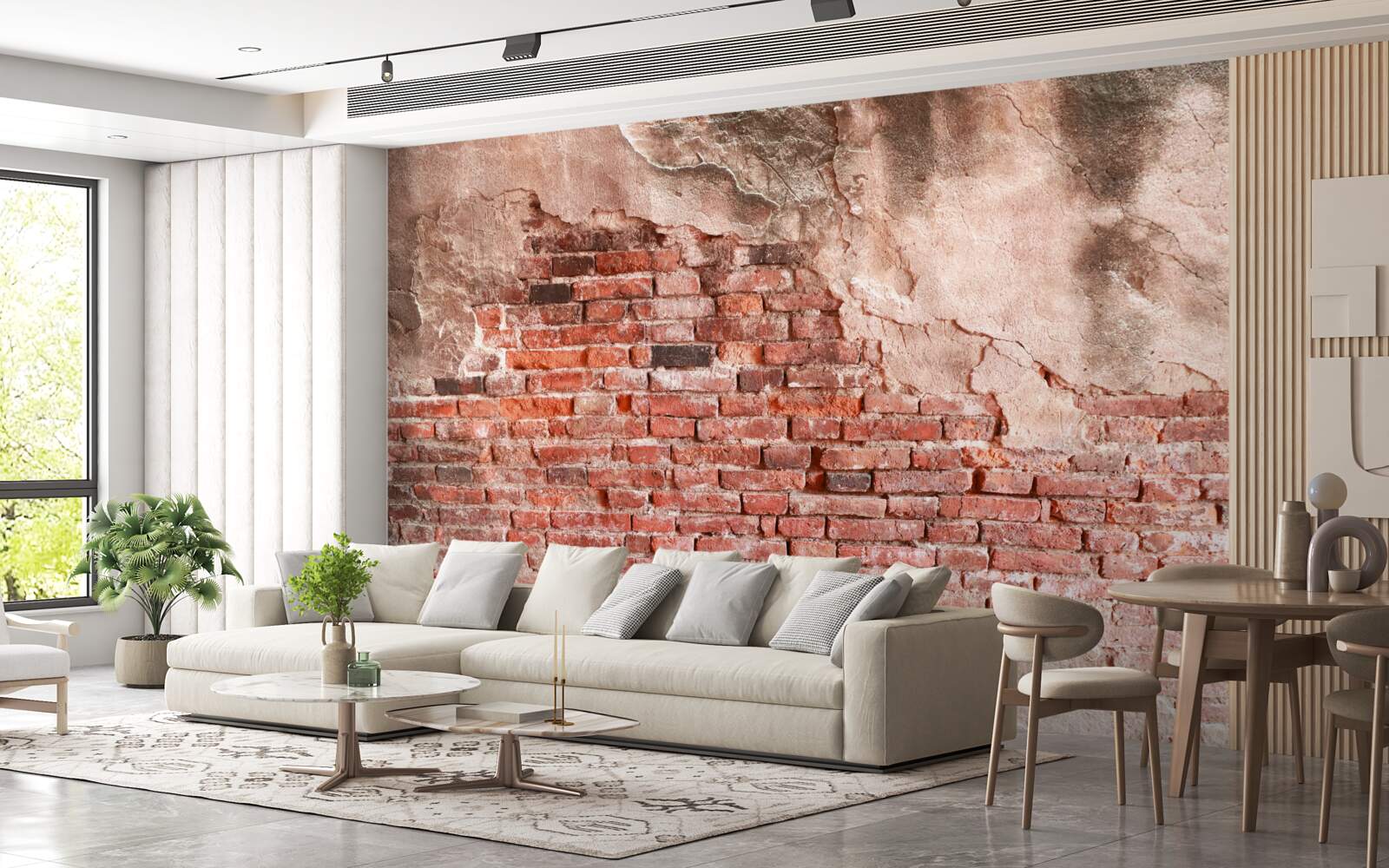 Fotobehang Muur bedekt met afbrokkelende bakstenen