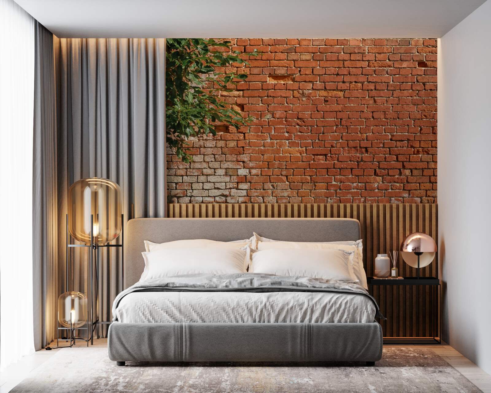 Fotobehang een houten tak naast een stenen barrière