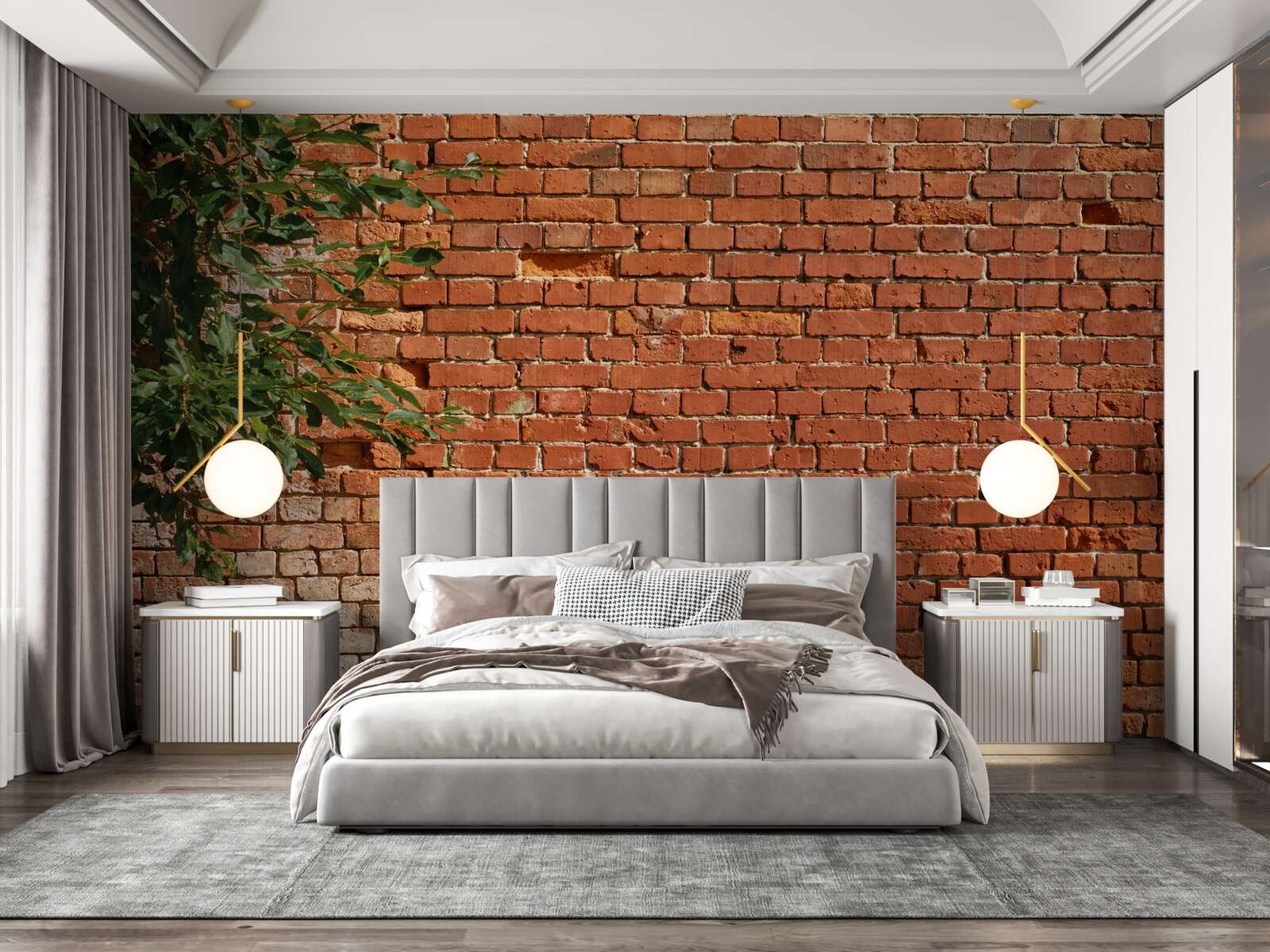 Fotobehang een houten tak naast een stenen barrière