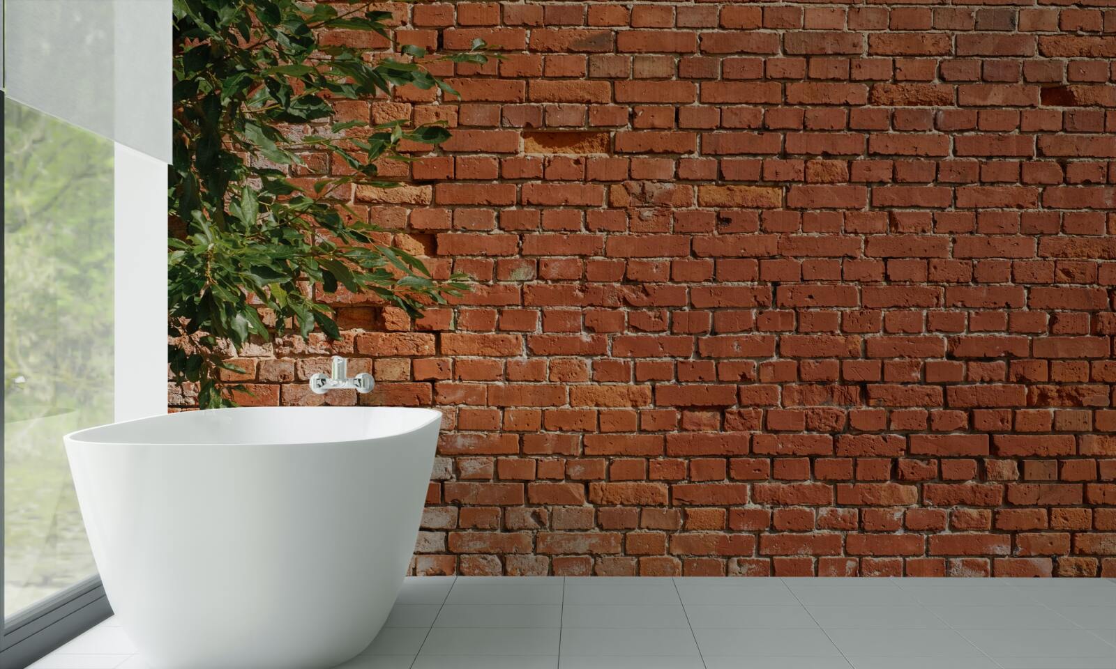 Fotobehang een houten tak naast een stenen barrière