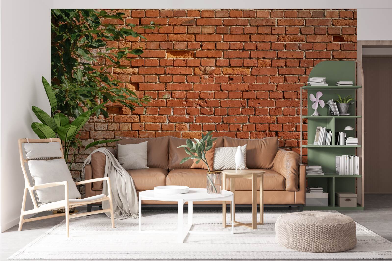 Fotobehang een houten tak naast een stenen barrière