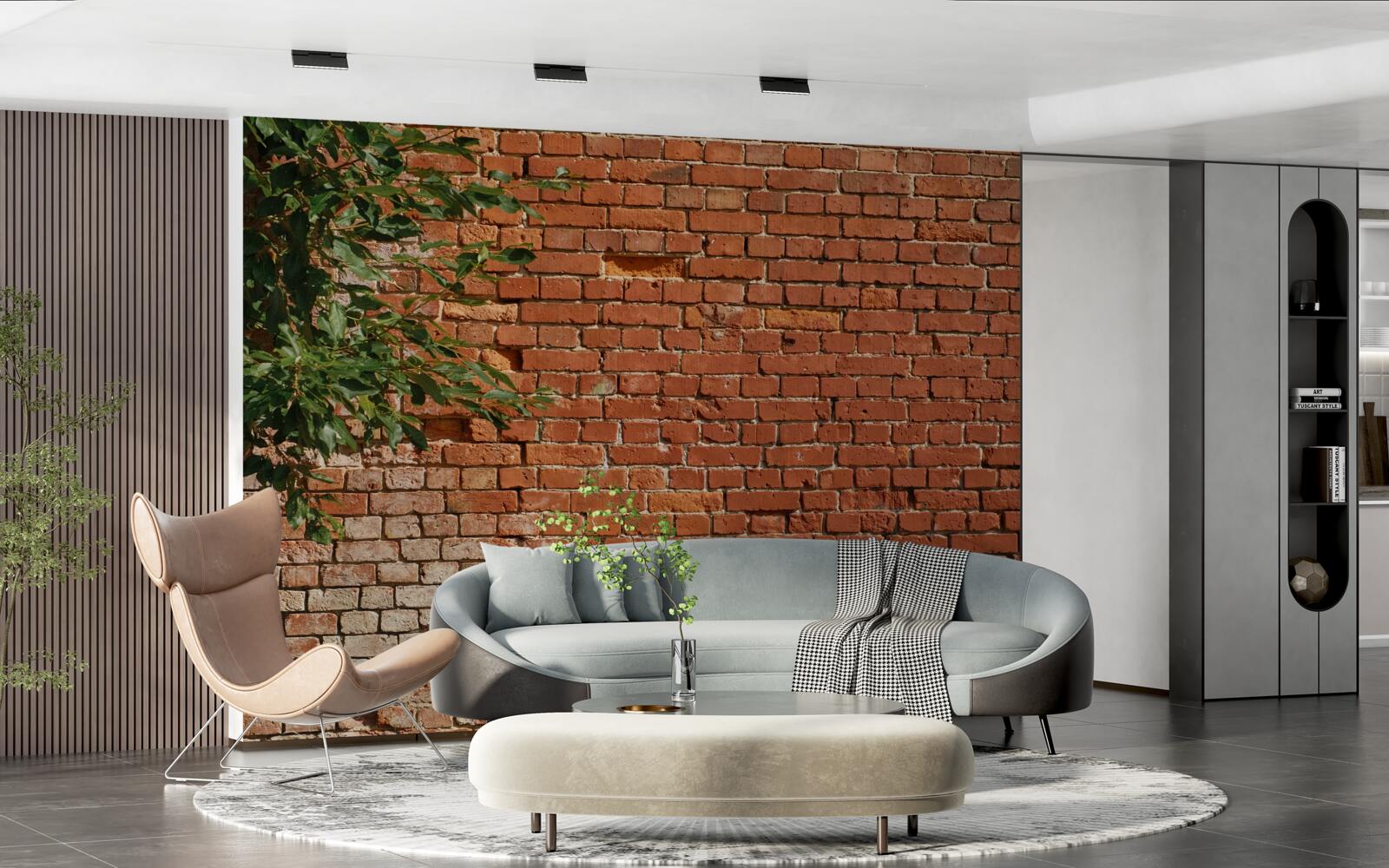 Fotobehang een houten tak naast een stenen barrière