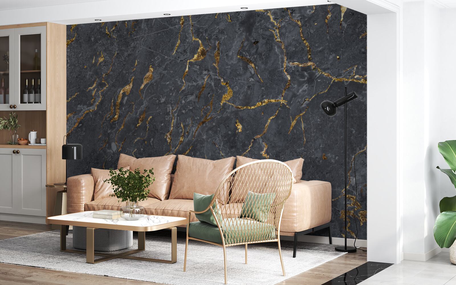 Fotobehang zwart marmeren achtergrond met gouddeeltjes